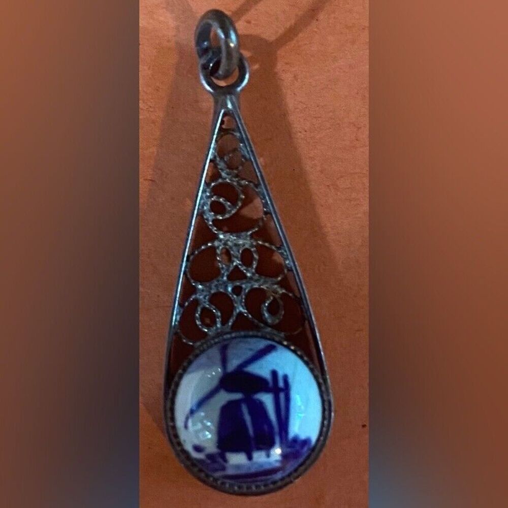 Vintage Delfts Pendant Blue Windmill Porcelain 1”